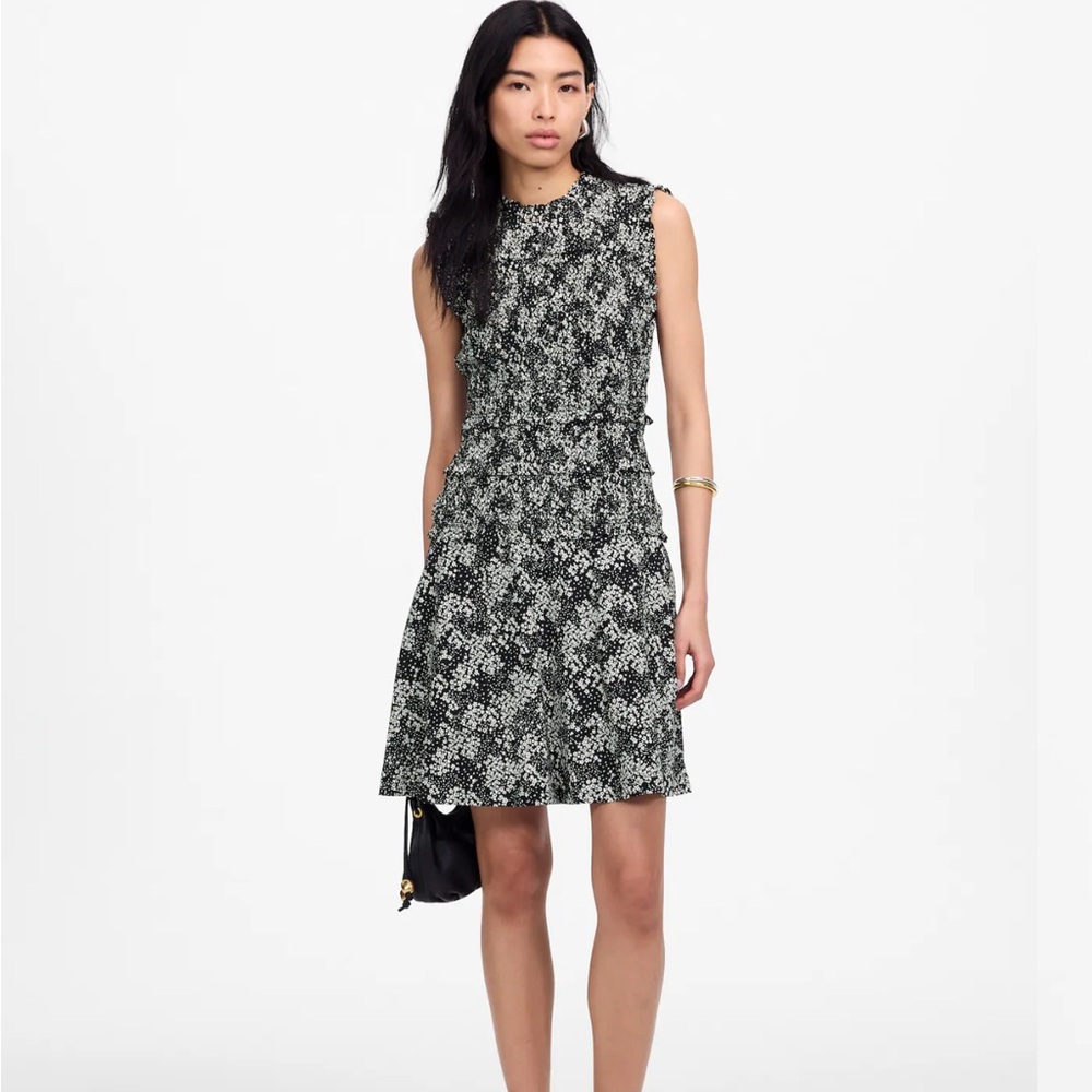 Madewell Harper Smocked Mocked Mini Black and White Floral Dress Size 12